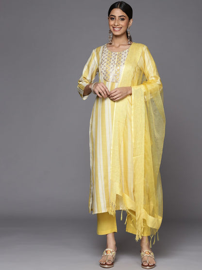 Dhiyona VA Women's Yellow Striped Sequinned Kurta with Trousers & With Dupatta