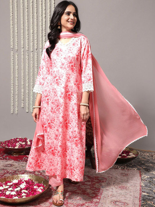 Dhiyona VA Women'sFloral Printed A-Line Kurta With Trousers & Dupatta