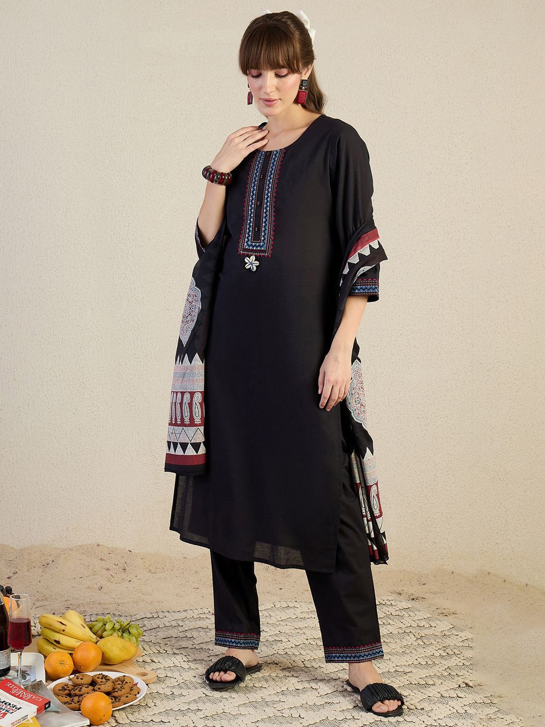 Women Yoke Design Embroidered Cotton Kurta with Trousers & Dupatta
