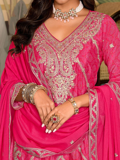 Paisley Embroidered Sequinned Chinon Straight Kurta With Palazzos & Dupatta