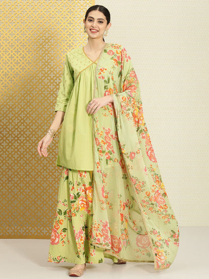 Dhiyona PD Women Women Pure Cotton Floral Empire Jashn Kurta with Sharara & Dupatta