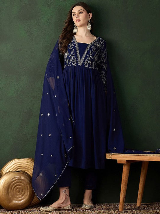 Women's Navy Blue Ethnic Motifs Embroidered A-Line Kurta With Trouser & Dupatta