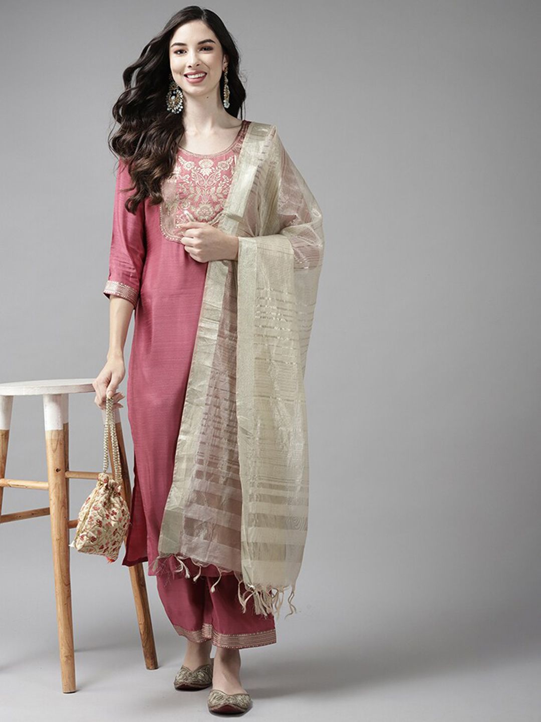Pink & Off White Ethnic Mottifs Yoke Design Kurta with Palazzos & Dupatta