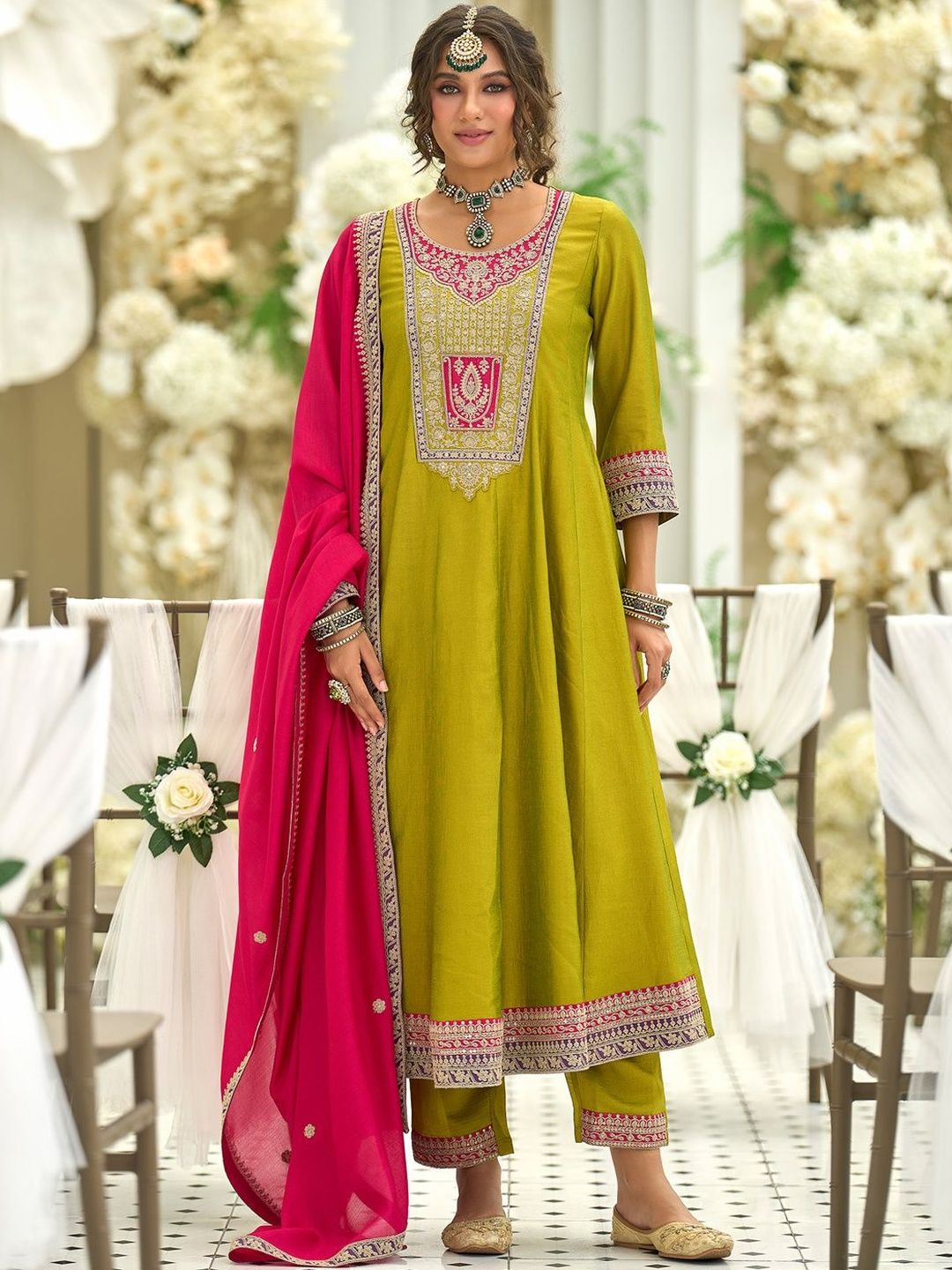 Motifs Yoke Design Notch Neck Sequinned Anarkali Kurta & Trousers With Dupatta