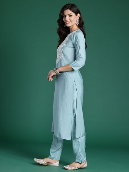 Dhiyona IE Women Ethnic Motifs Yoke Design Regular Thread Work Kurta with Trousers