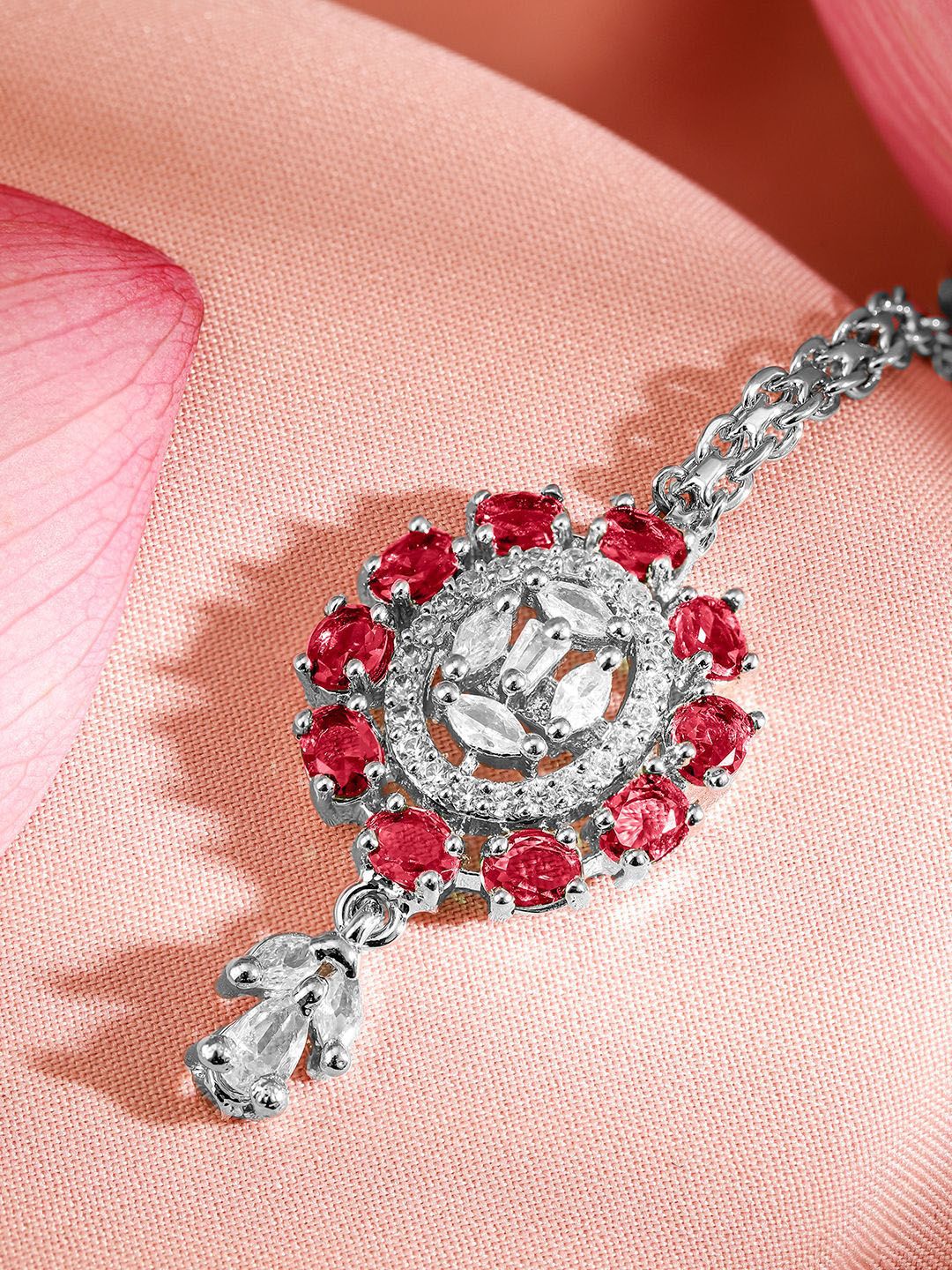 Dhiyona RJ Women's Rhodium-Plated Cubic Zirconia Studded Maang Tikka Head Jewellery