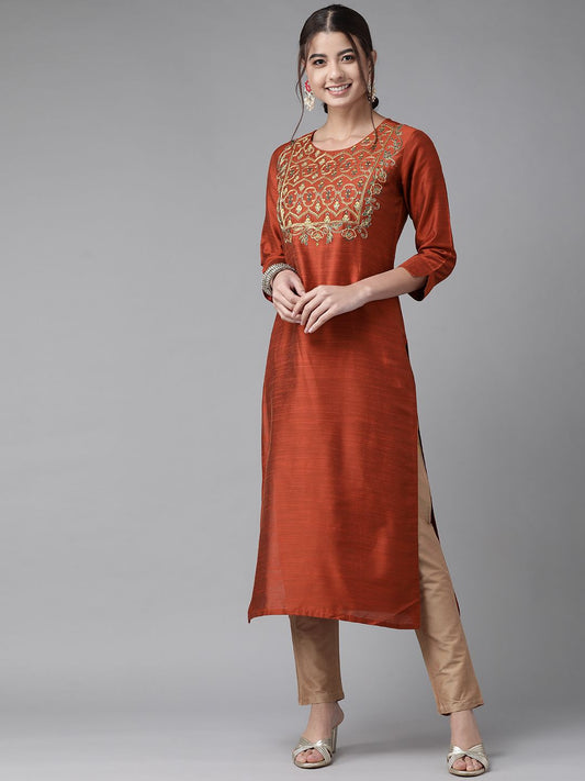 Dhiyona IE Women Orange Yoke Design Thread Work Chanderi Silk Chanderi Silk Kurta