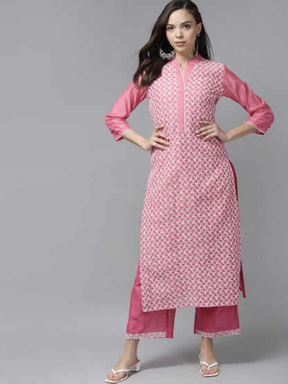 Women Pink Ethnic Motifs Embroidered Regular Kurta with Palazzos