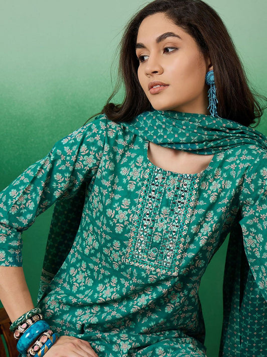 Dhiyona SN Women's Printed Pure Cotton Straight Kurta With Trousers & Dupatta