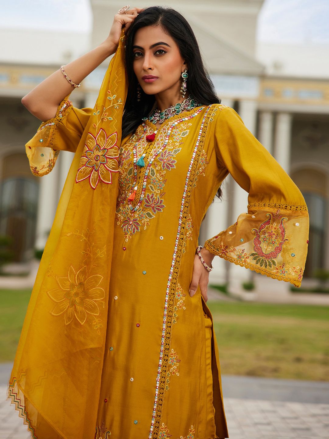 Women Ethnic Motifs Embroidered Regular Mirror Work Kurta with Trousers & With Dupatta