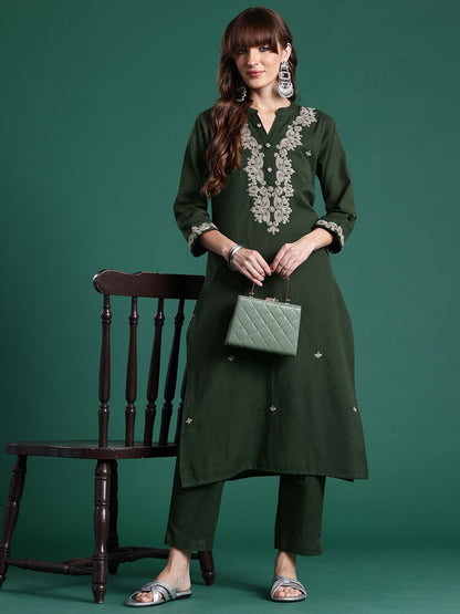 Floral Embroidered Thread Work Pure Cotton Kurta & Trousers