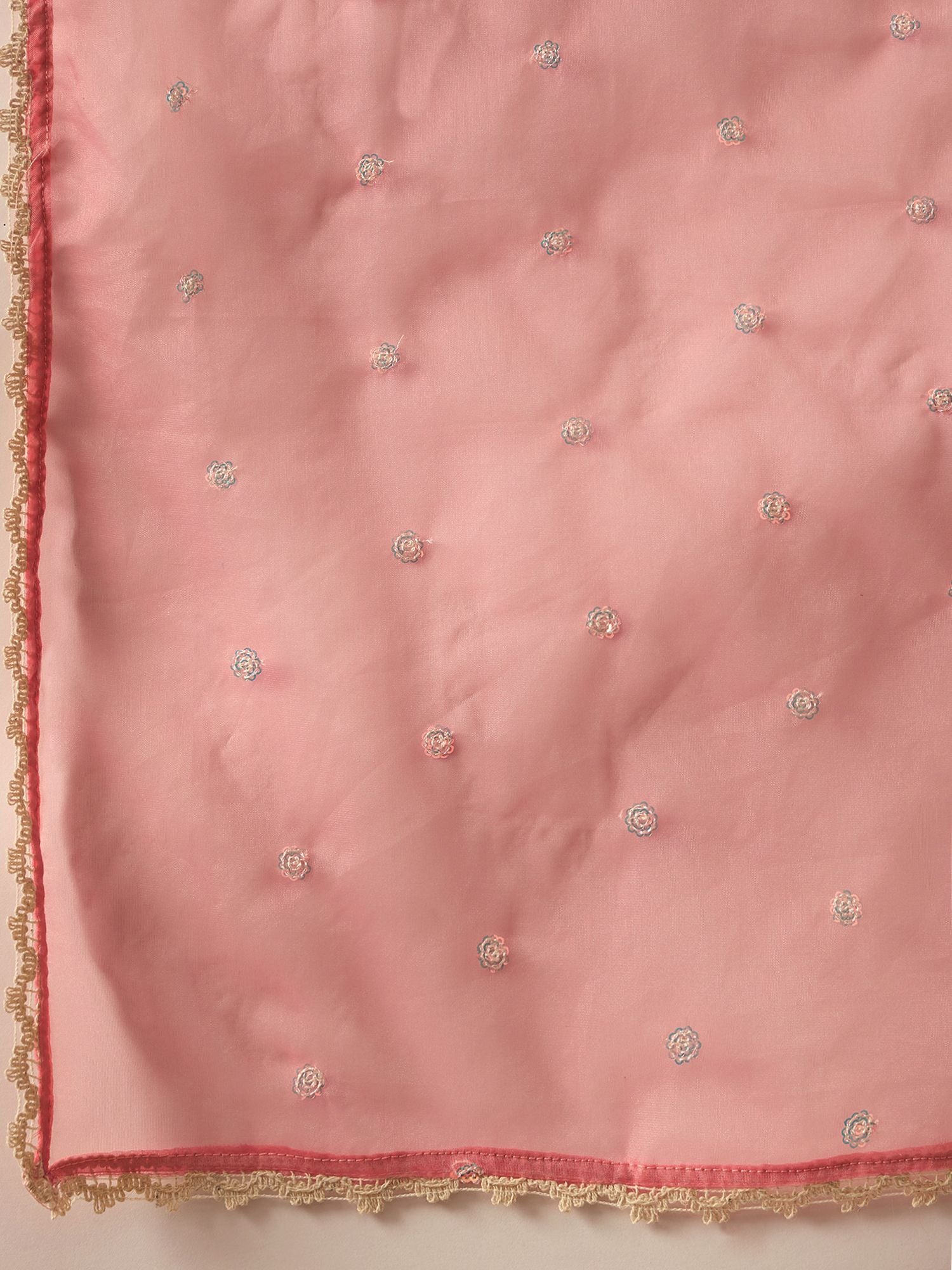 Floral Embroidered Liva V-Neck Straight Kurta With Trousers And Dupatta