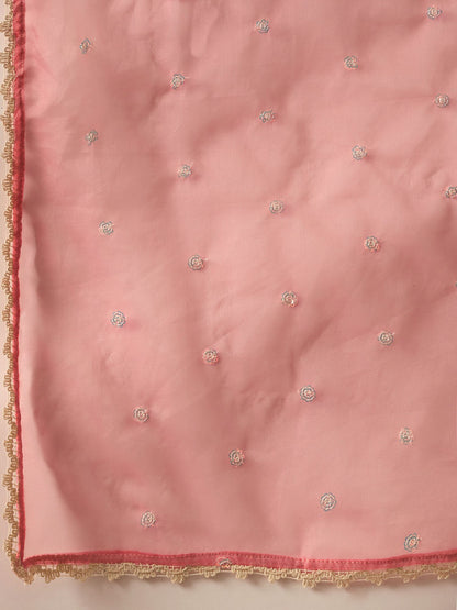 Floral Embroidered Liva V-Neck Straight Kurta With Trousers And Dupatta