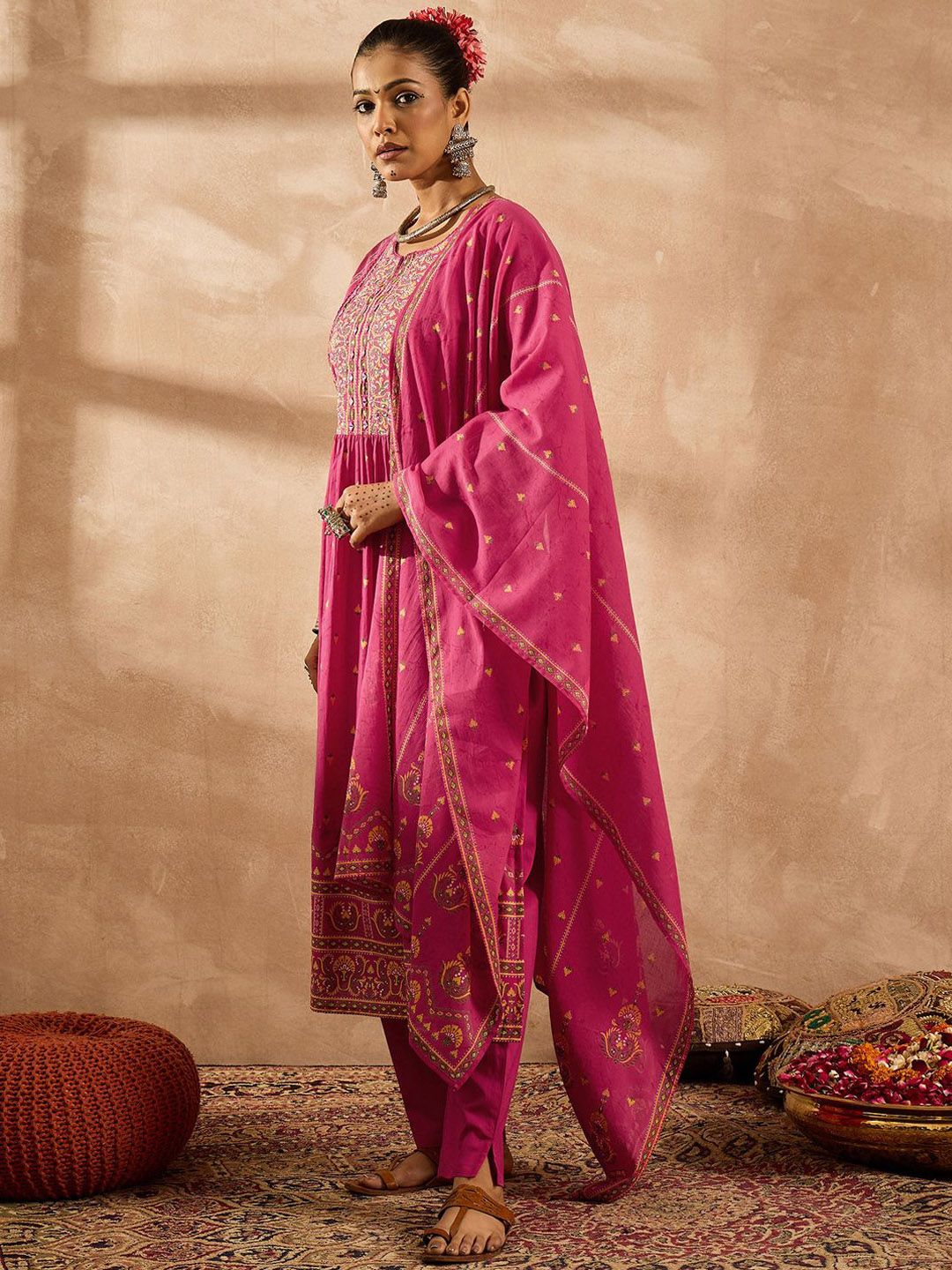 Dhiyona IE Women Floral Printed Panelled Mirror Work Pure Cotton Kurta with Trousers & With Dupatta