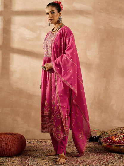 Dhiyona IE Women Floral Printed Panelled Mirror Work Pure Cotton Kurta with Trousers & With Dupatta