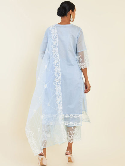 Dhiyona SO Women's Blue & White Floral Embroidered Chanderi Silk Kurta With Trousers & Dupatta