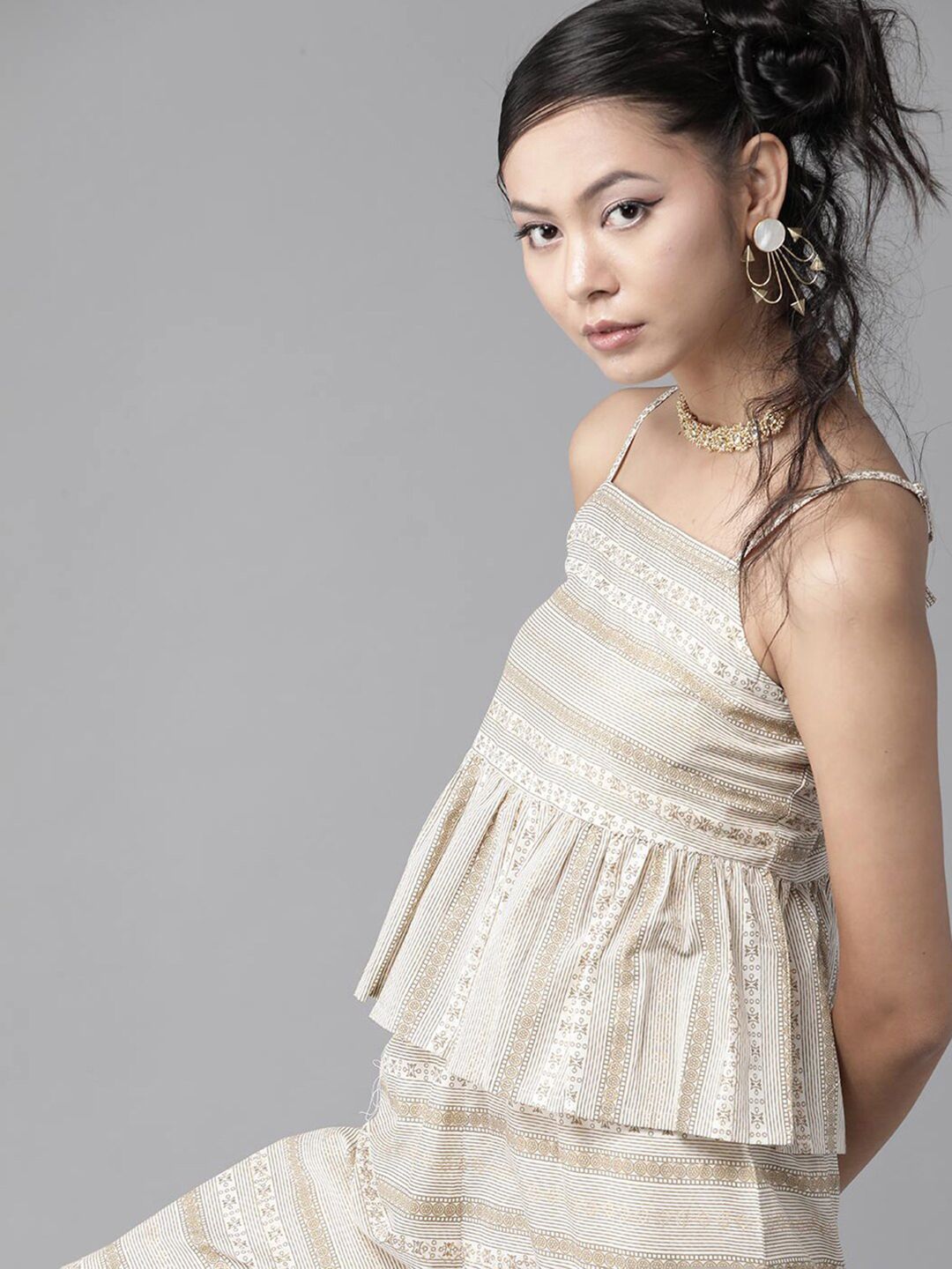 Dhiyona IE Women Printed Shoulder Straps Pure Cotton Top with Trousers