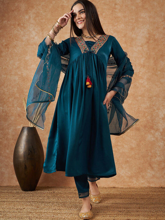 Dhiyona SN Women's Embroidered Empire Velvet Kurta With Trousers & Dupatta