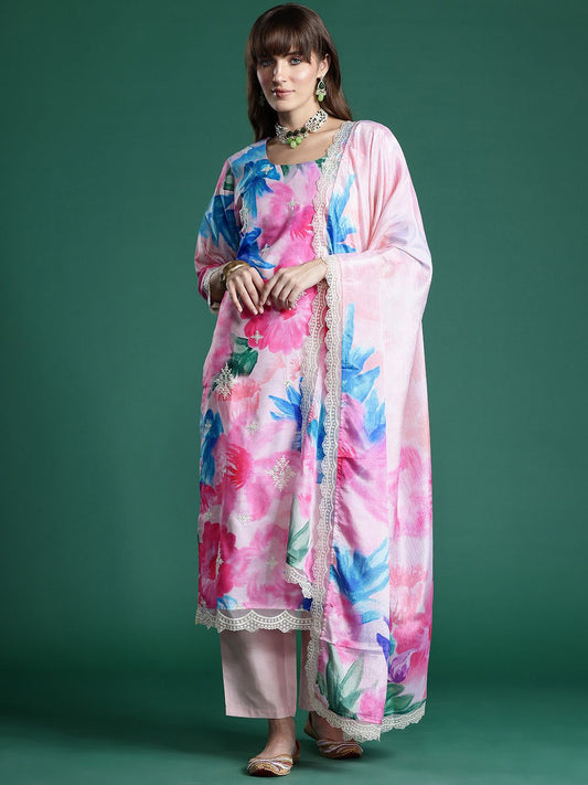 Dhiyona IE Floral Embroidered Empire Thread Work Kurta With Trousers & Dupatta