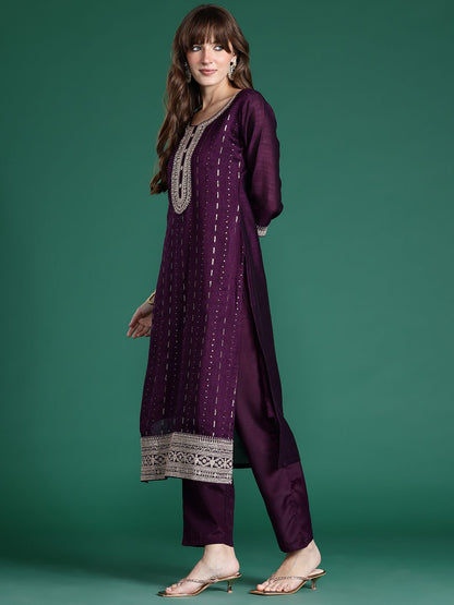 Ethnic Motifs Embroidered Sequinned Kurta with Trousers & Dupatta