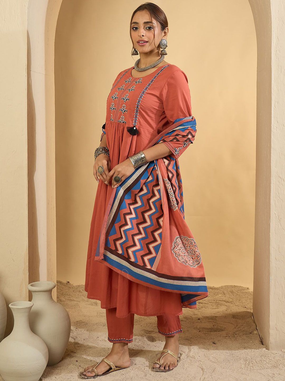 Women Floral Embroidered Regular Pure Cotton Kurta with Trousers & Dupatta