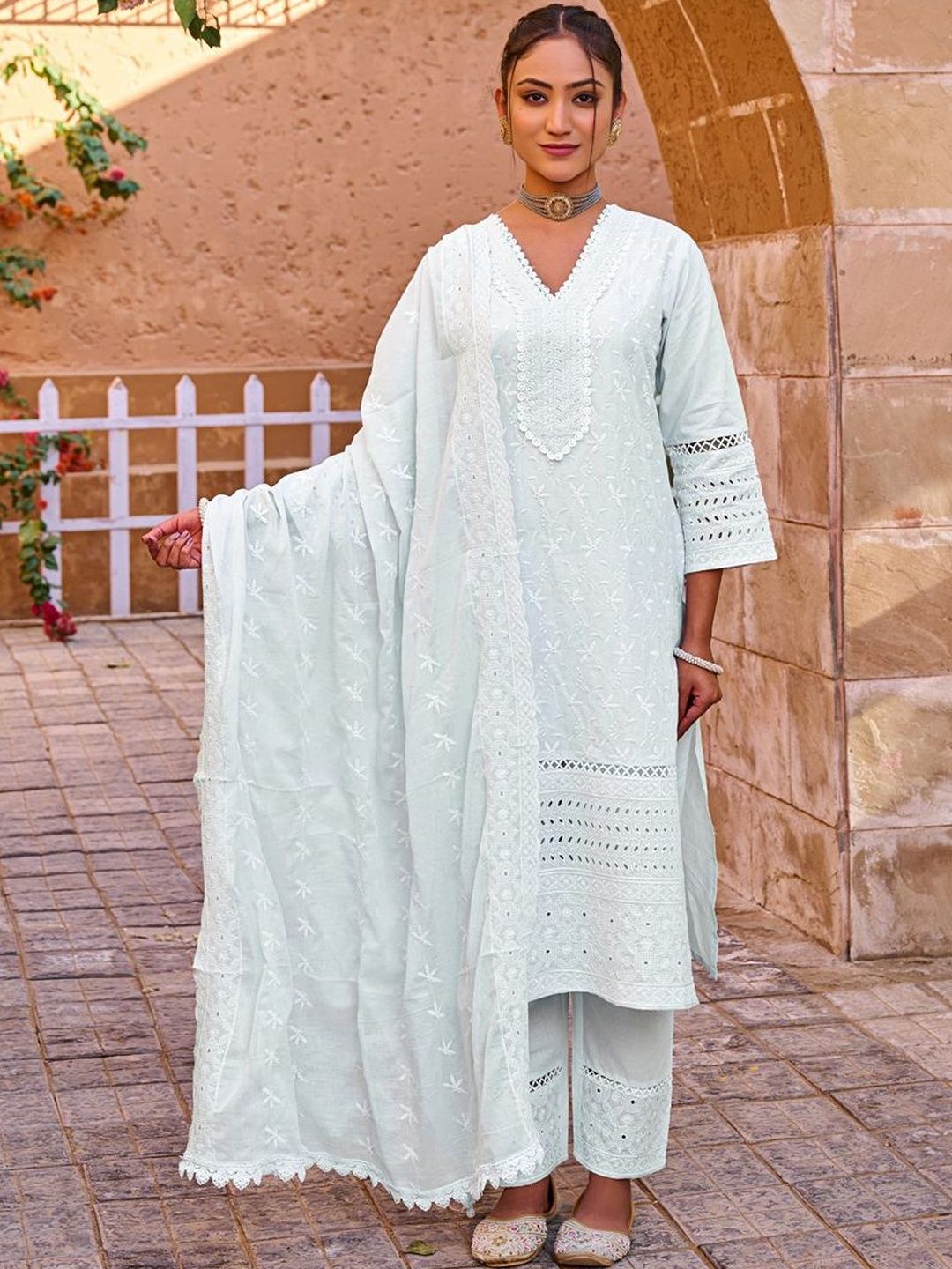 Dhiyona IE Women Ethnic Motifs Embroidered Regular Chikankari Pure Cotton Kurta with Trousers & With Dupatta