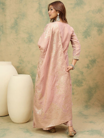 Dhiyona VA Women'sEthnic Motifs Yoke Design Notch Neck Straight Kurta With Palazzos & Dupatta