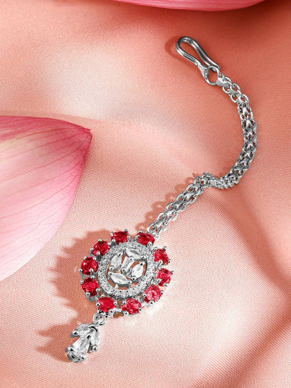 Dhiyona RJ Women's Rhodium-Plated Cubic Zirconia Studded Maang Tikka Head Jewellery