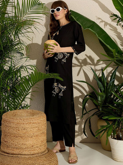 Dhiyona IE Women's Geometric Embroidered Tie-Up Neck Thread Work Pure Cotton Kurta & Trousers
