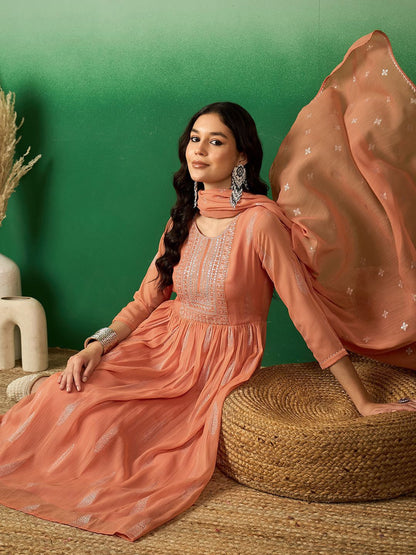 Dhiyona SN Women's Peach Floral Embroidered A-Line Kurta With Trouser & Dupatta