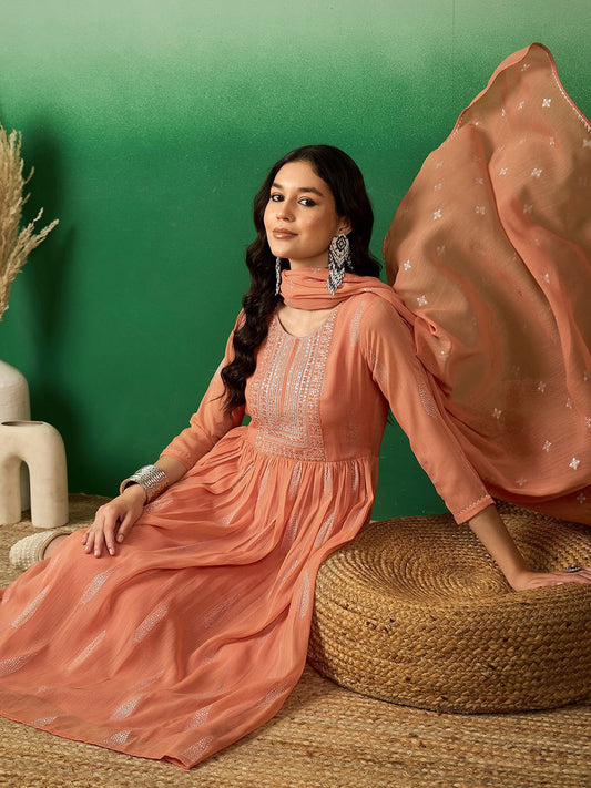 Dhiyona SN Women's Peach Floral Embroidered A-Line Kurta With Trouser & Dupatta