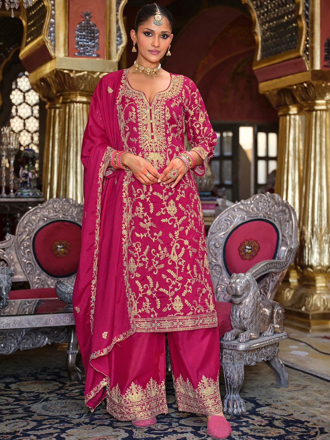 Adults-Women Woven Design Embroidered Kurta with Palazzos & Dupatta