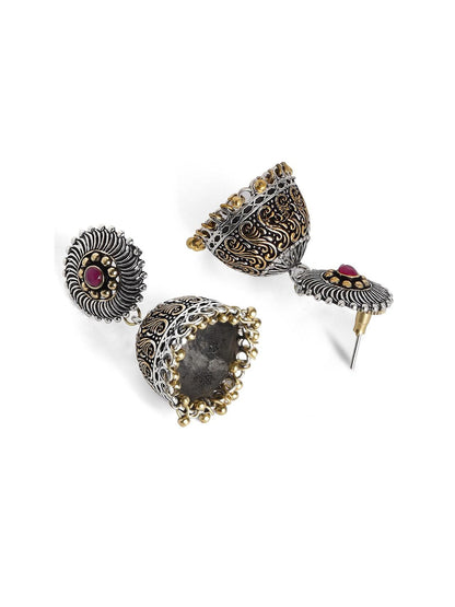 Dhiyona RJ Women's Silver-Plated & Gold-Toned Handcrafted Oxidised Dome Shaped Jhumkas