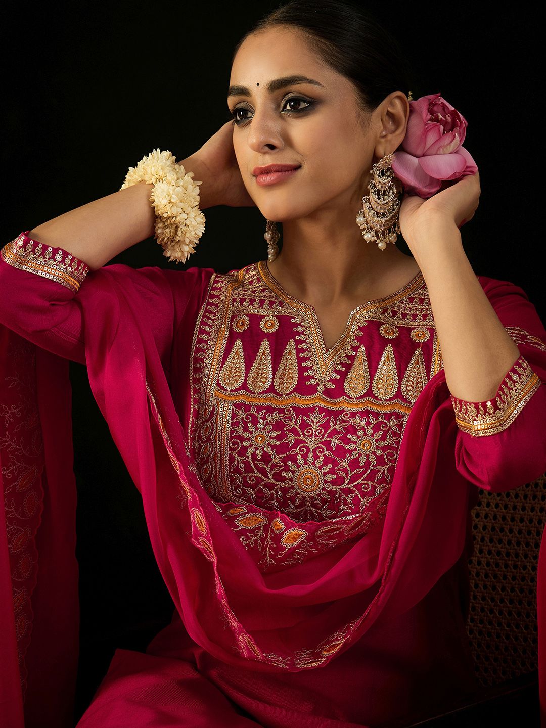 Dhiyona IE Notched Neck Ethnic Embroidered Sequinned Liva Kurta with Trouser & Dupatta
