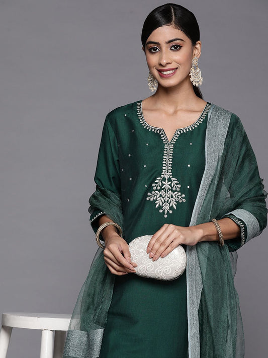 Dhiyona VA Women's Green Ethnic Motifs Embroidered Kurta with Trousers & With Dupatta