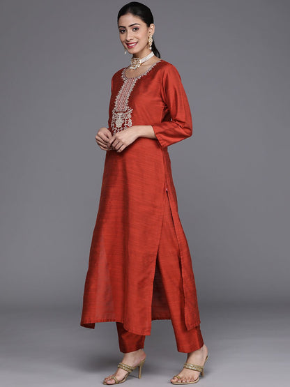 Dhiyona VA Women's Rust Ethnic Motifs Embroidered Dupion Silk Kurta with Trousers & With Dupatta