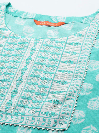 Floral Printed Regular Sequinned Pure Cotton Kurta With Trousers & Dupatta