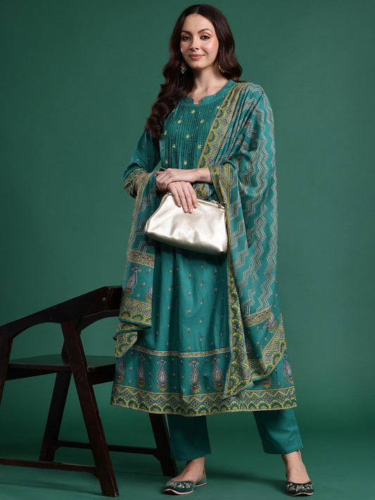 Dhiyona IE Ethnic Motifs Embroidered Pure Cotton Kurta with Trousers & With Dupatta