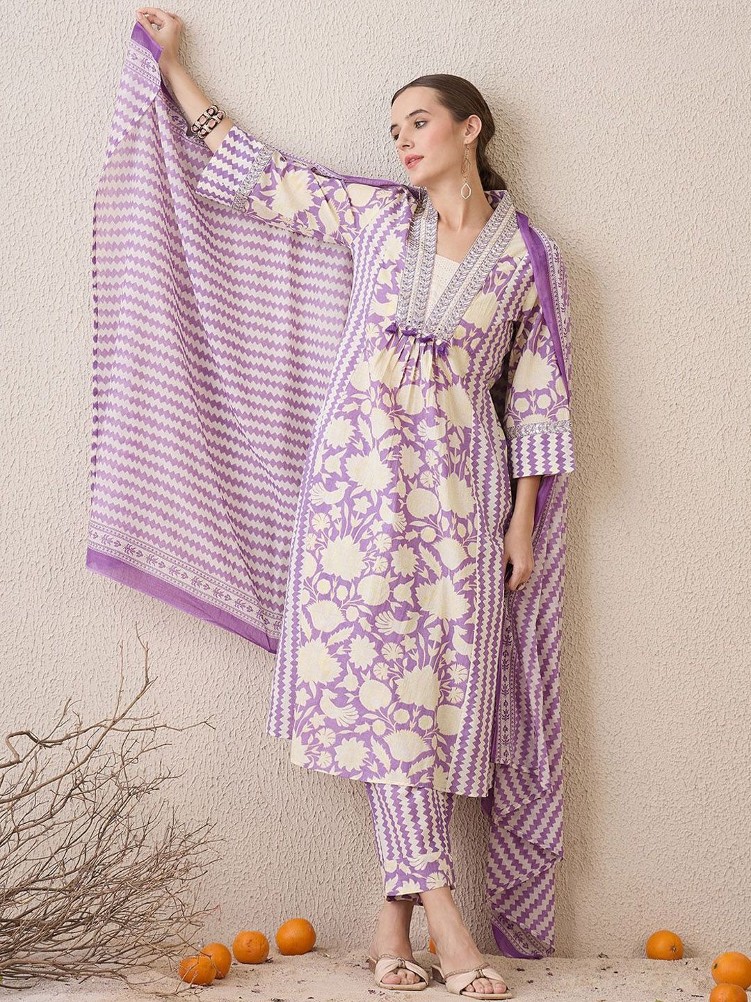 Floral Printed V-Neck Pure Cotton Straight Kurta With Trousers & Dupatta