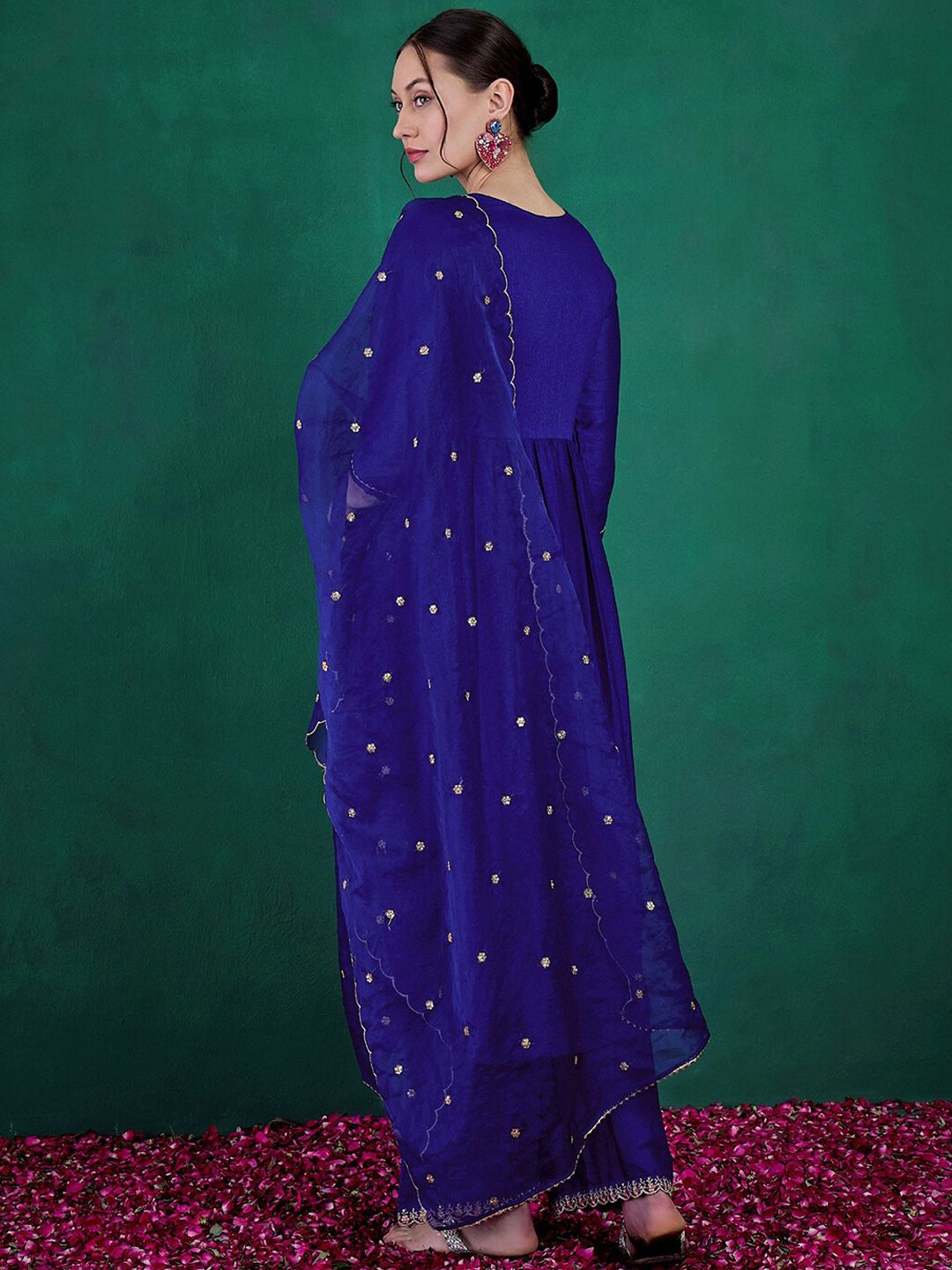 Dhiyona SN Women's Blue Floral Embroidered Sequinned V-Neck A-Line Kurta With Palazzo & Dupatta