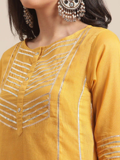 Dhiyona VA Women's Mustard Yellow Panelled Gotta Patti Pure Cotton Kurta with Trousers
