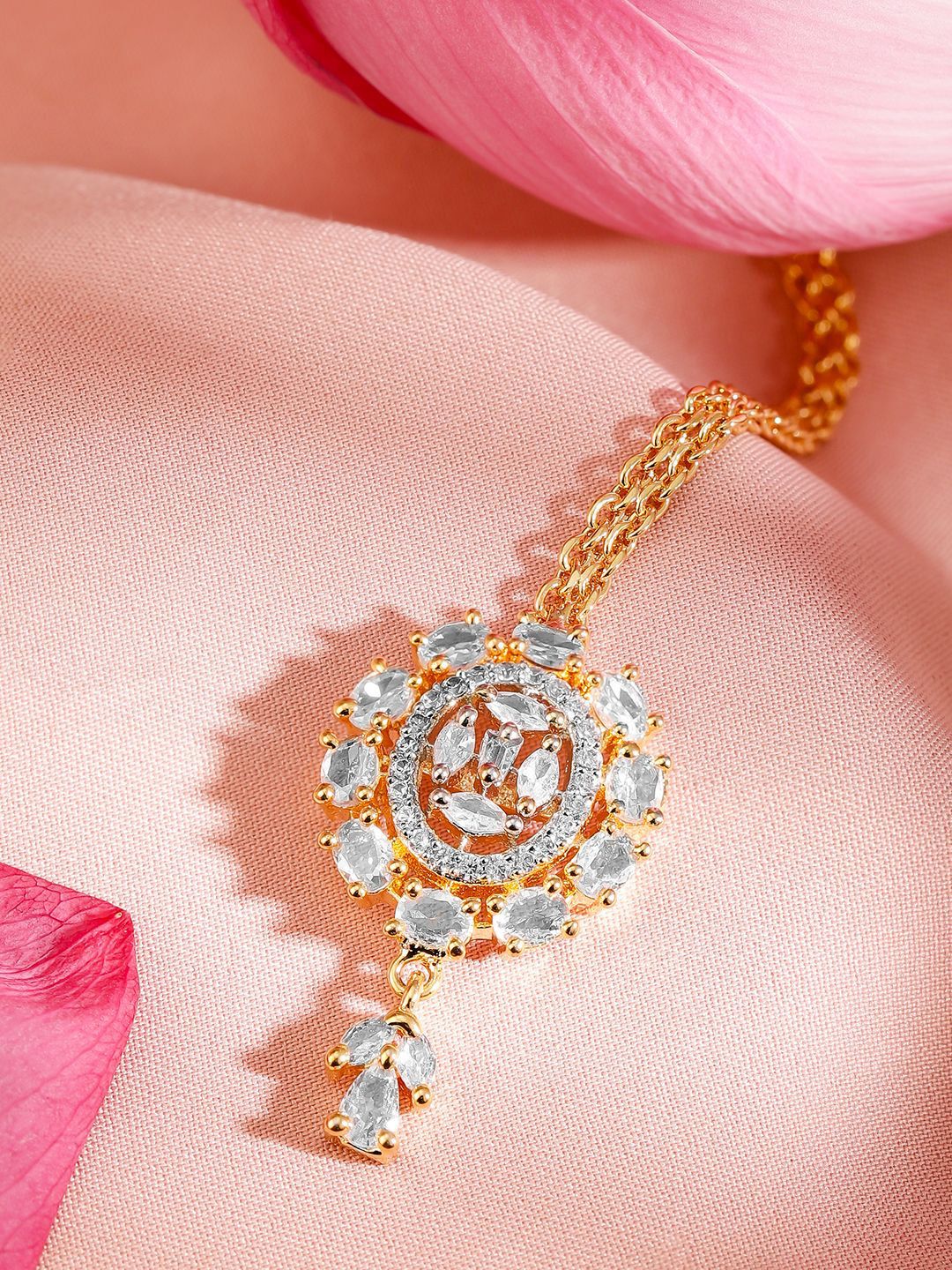 Dhiyona RJ Women's 18K Gold-Plated White Cubic Zirconia Studded Maang Tikka Head Jewellery