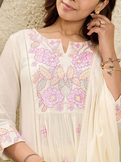 Floral Embroidered Mirror Work Pure Cotton A-Line Kurta With Trousers & Dupatta