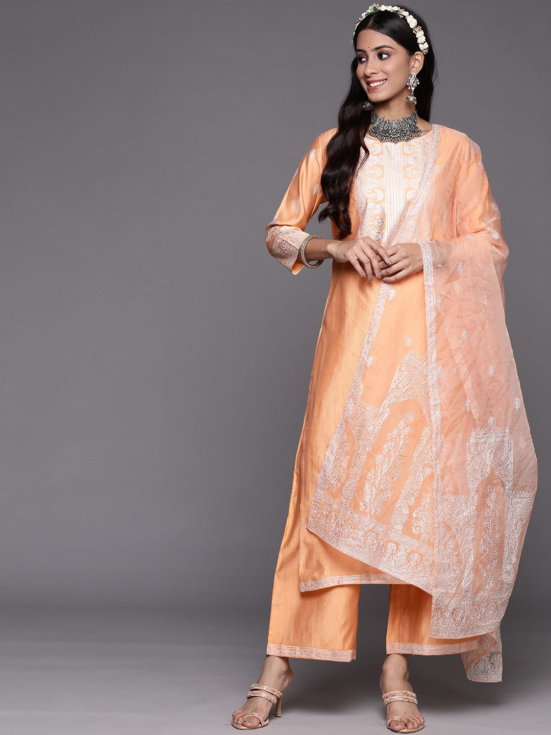Women Orange Ethnic Motifs Printed Liva Kurta with Trousers & With Dupatta