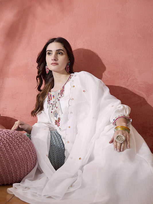 Dhiyona SN Women's White Thread Work Round Neck A-Line Kurta With Trousers And Dupatta