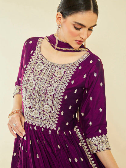 Dhiyona SO Women's Ethnic Motifs Embroidered Sequinned High Slit Kurta With Palazzos & Dupatta
