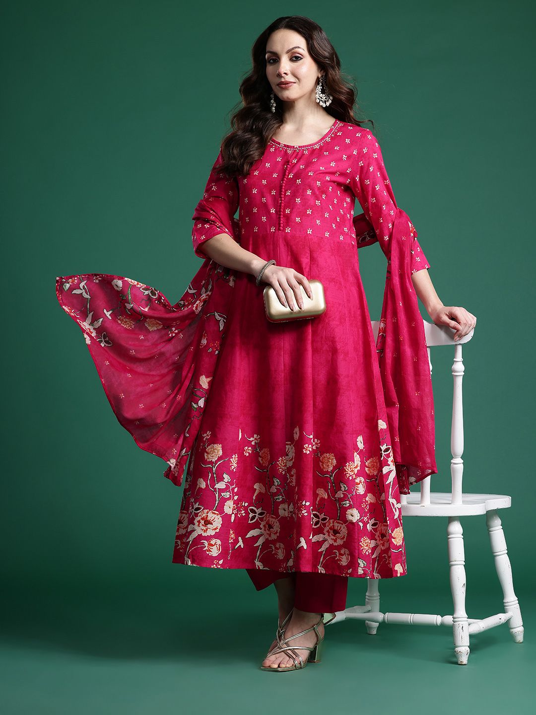 Floral Printed Pure Cotton Kurta with Trousers & Dupatta
