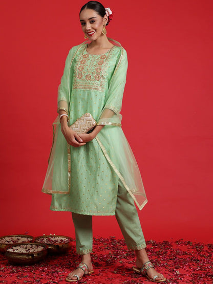 Dhiyona IE Ethnic Motifs Embroidered Chanderi Silk Kurta Withth Trousers & Dupattta