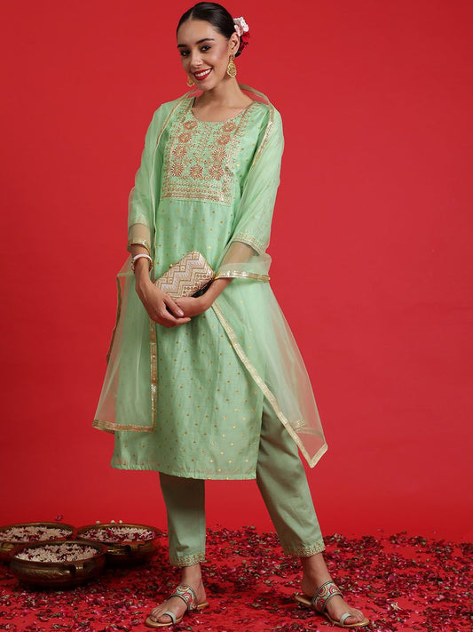 Dhiyona IE Ethnic Motifs Embroidered Chanderi Silk Kurta Withth Trousers & Dupattta