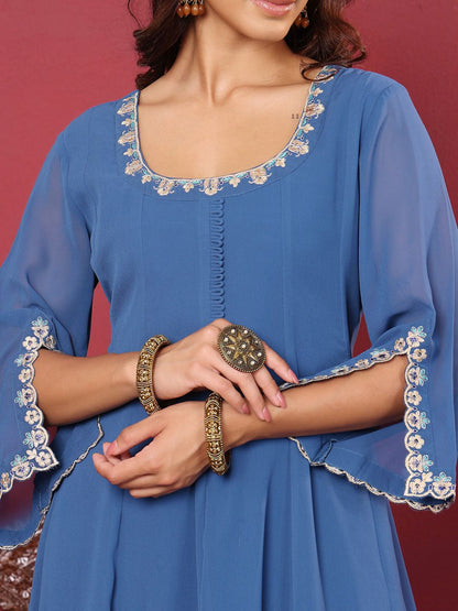 Dhiyona VA Women'sFloral Embroidered Silk Georgette Anarkali Kurta With Palazzos & Dupatta
